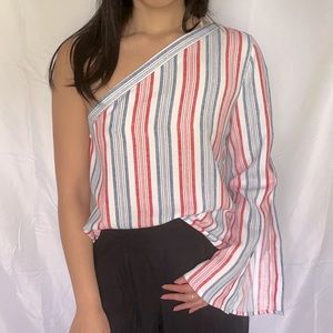 Red and Blue Striped One-Shoulder Long-Sleeve Top